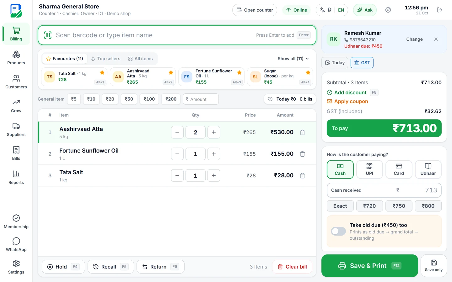 BillKaro Desktop billing screen